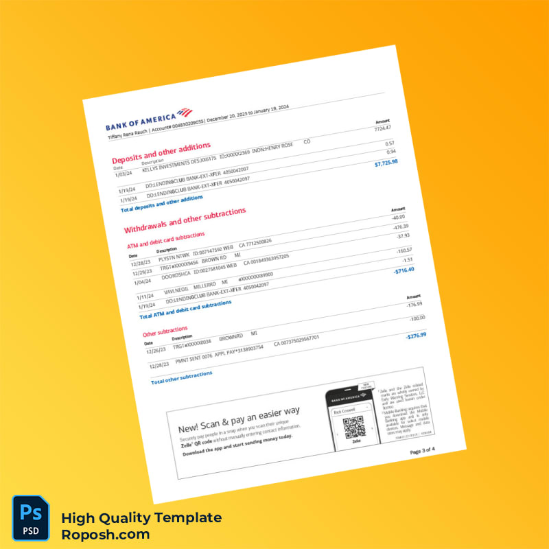 USA Bank of America Account Statement Template in Word and PDF formats 4 page USA Bank of America Account Statement Template in Word and PDF formats 4 page