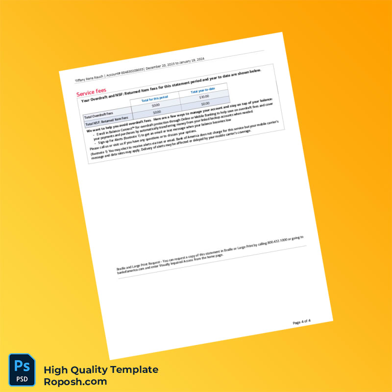 USA Bank of America Account Statement Template in Word and PDF formats 4 page USA Bank of America Account Statement Template in Word and PDF formats 4 page