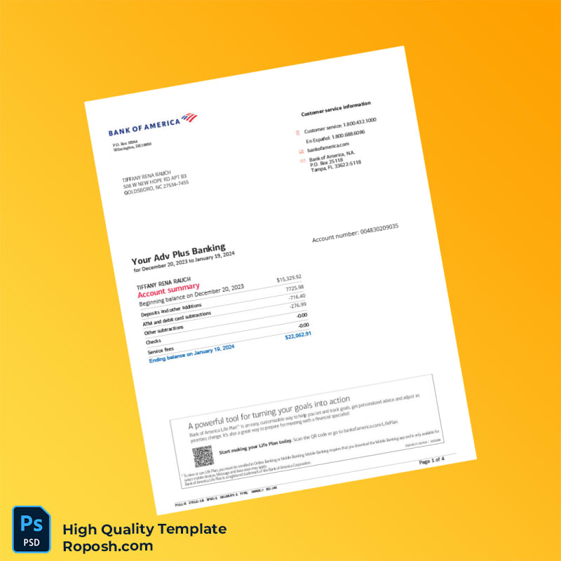 USA Bank of America Account Statement Template in Word and PDF formats 4 page USA Bank of America Account Statement Template in Word and PDF formats 4 page
