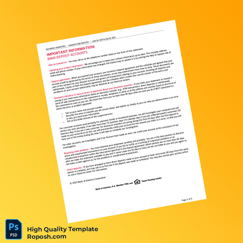 USA Bank of America Bank Statement Template in Word and PDF formats 6 page USA Bank of America Bank Statement Template in Word and PDF formats 6 page