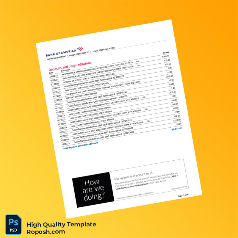 USA Bank of America Bank Statement Template in Word and PDF formats 6 page USA Bank of America Bank Statement Template in Word and PDF formats 6 page