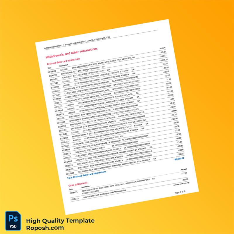 USA Bank of America Bank Statement Template in Word and PDF formats 6 page USA Bank of America Bank Statement Template in Word and PDF formats 6 page