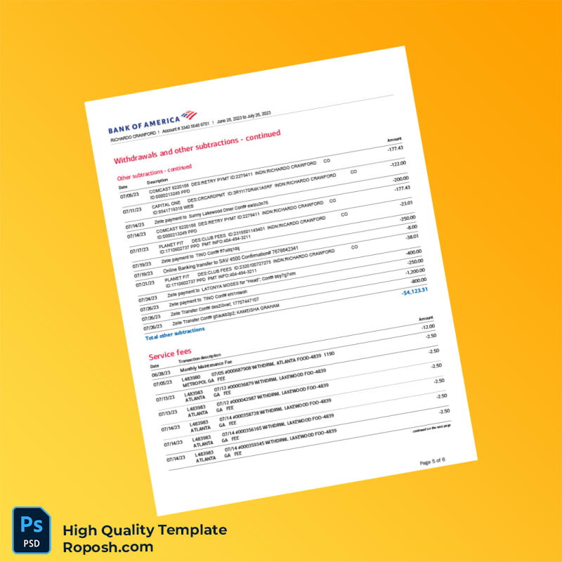 USA Bank of America Bank Statement Template in Word and PDF formats 6 page USA Bank of America Bank Statement Template in Word and PDF formats 6 page