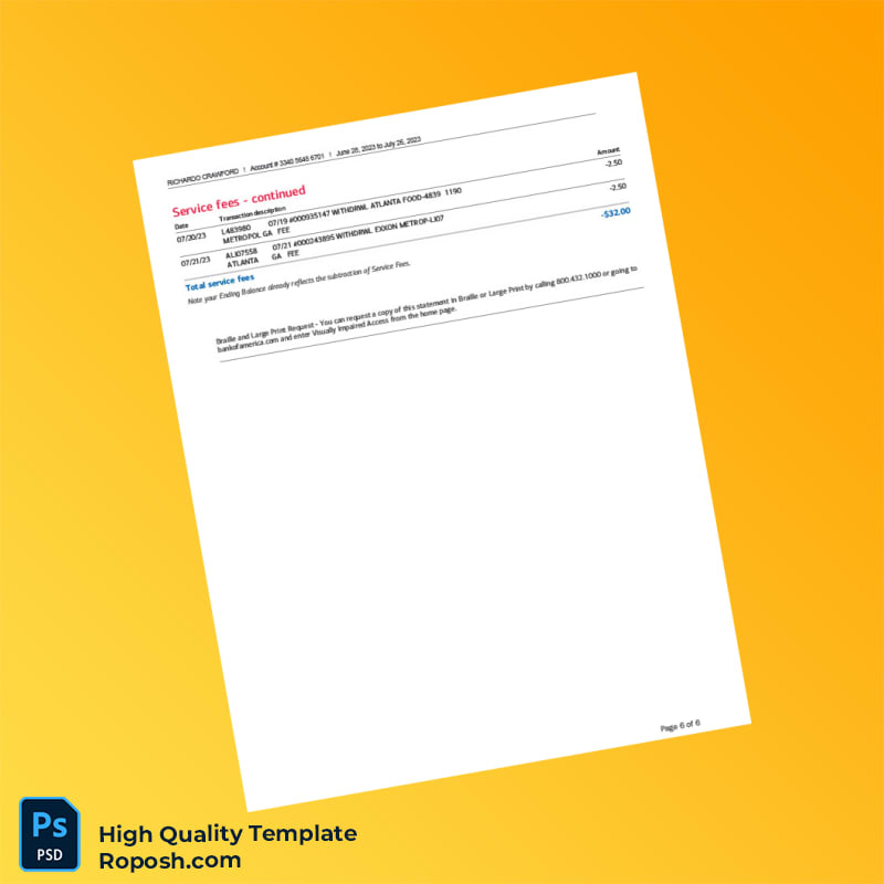USA Bank of America Bank Statement Template in Word and PDF formats 6 page USA Bank of America Bank Statement Template in Word and PDF formats 6 page