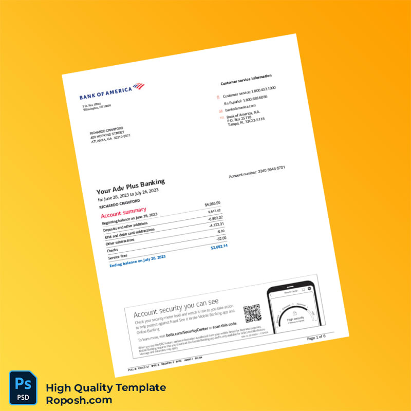 USA Bank of America Bank Statement Template in Word and PDF formats 6 page USA Bank of America Bank Statement Template in Word and PDF formats 6 page
