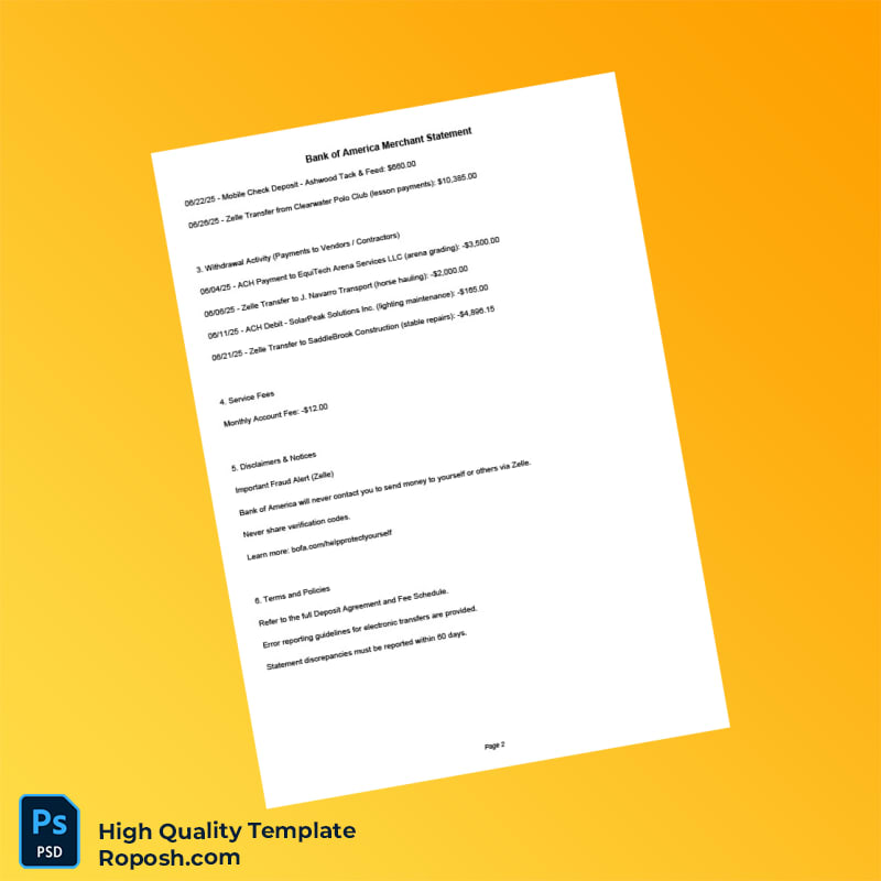 USA Bank of America Merchant Statement Template in Word and PDF formats 2 page USA Bank of America Merchant Statement Template in Word and PDF formats 2 page