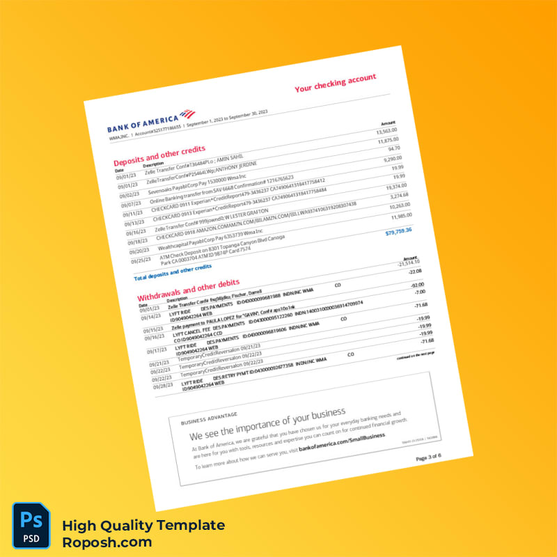 USA Bank of America Statement Template in Word and PDF formats 6 page USA Bank of America Statement Template in Word and PDF formats 6 page