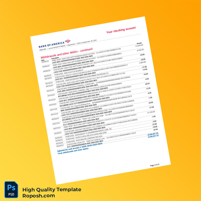 USA Bank of America Statement Template in Word and PDF formats 6 page USA Bank of America Statement Template in Word and PDF formats 6 page