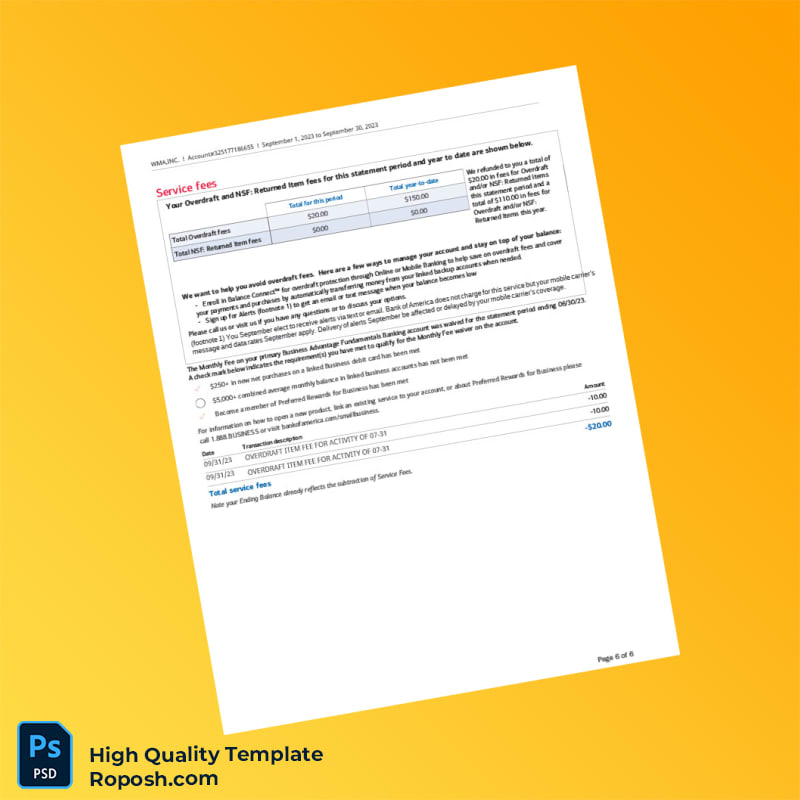 USA Bank of America Statement Template in Word and PDF formats 6 page USA Bank of America Statement Template in Word and PDF formats 6 page
