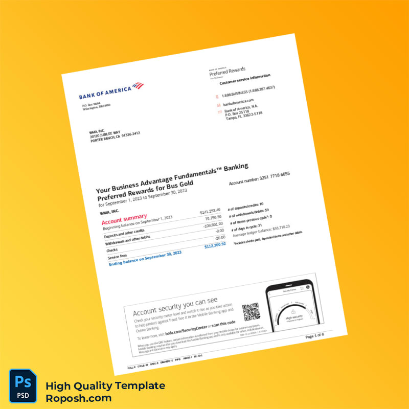 USA Bank of America Statement Template in Word and PDF formats 6 page USA Bank of America Statement Template in Word and PDF formats 6 page