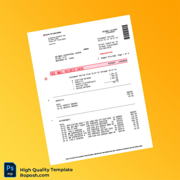 USA Bank of Oklahoma Bank Statement Template in Word and PDF formats 4 page