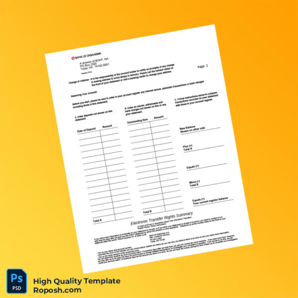 USA Bank of Oklahoma Bank Statement Template in Word and PDF formats 4 page