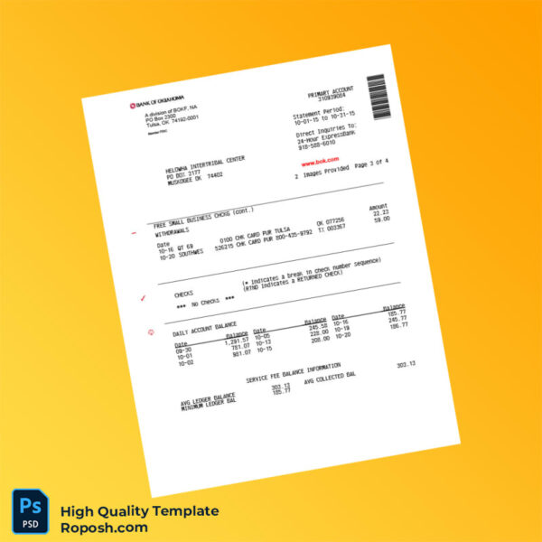 USA Bank of Oklahoma Bank Statement Template in Word and PDF formats 4 page