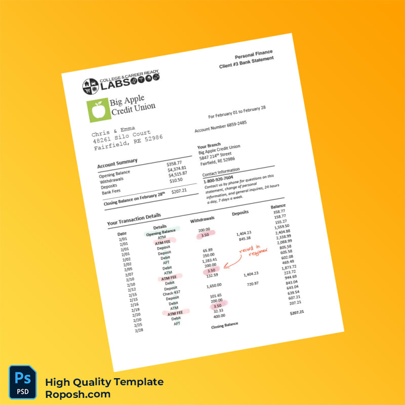 USA Big Apple Credit Union Bank Statement Template in Word and PDF formats USA Big Apple Credit Union Bank Statement Template in Word and PDF formats