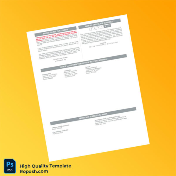USA Birmingham Water Works Board Editable Water Bill Template in Word and PDF formats 2 page