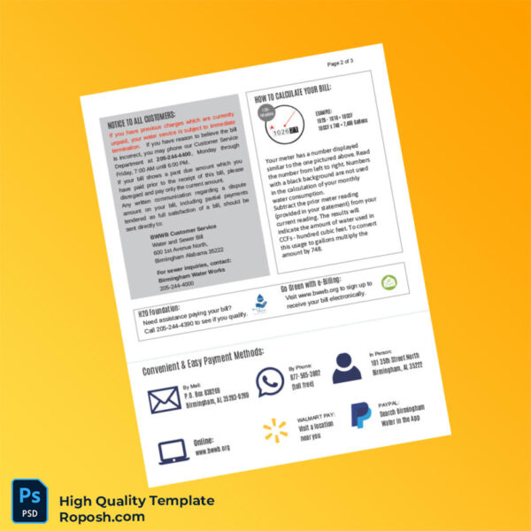 USA Birmingham Water Works Editable Water Bill Template in Word and PDF formats 4 page