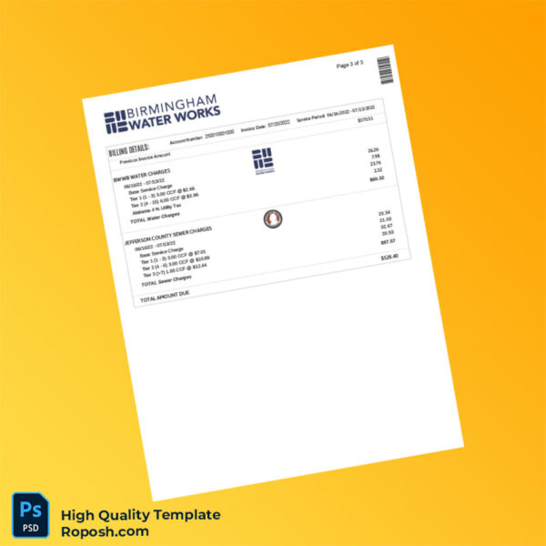 USA Birmingham Water Works Editable Water Bill Template in Word and PDF formats 4 page