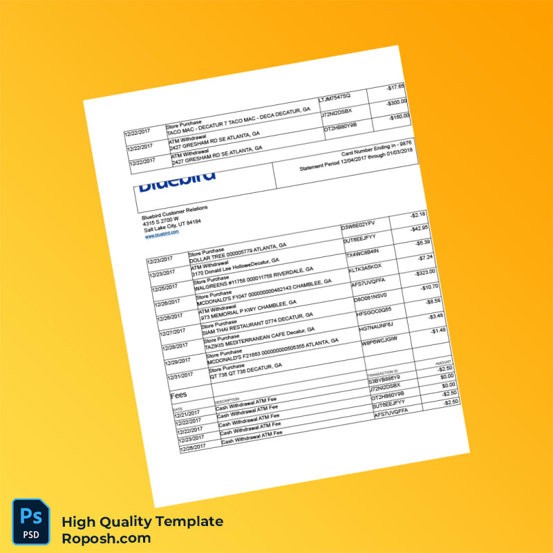 USA Bluebird Bank Statement Template in Word and PDF formats 3 page USA Bluebird Bank Statement Template in Word and PDF formats 3 page