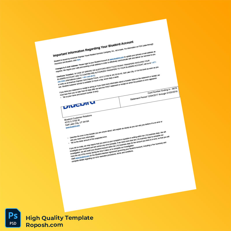 USA Bluebird Bank Statement Template in Word and PDF formats 3 page USA Bluebird Bank Statement Template in Word and PDF formats 3 page