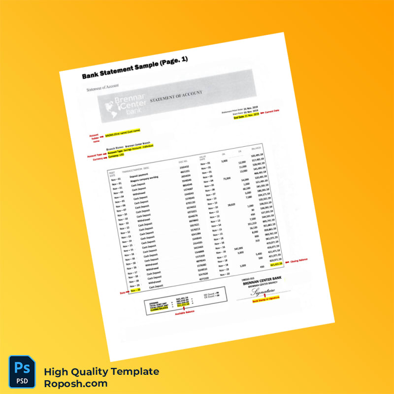 USA Brennan Center Bank Statement Template in Word and PDF formats USA Brennan Center Bank Statement Template in Word and PDF formats