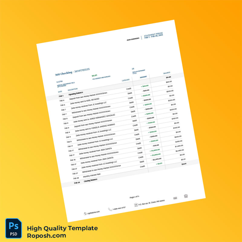 USA Capital One Bank Statement Template in Word and PDF formats 5 page USA Capital One Bank Statement Template in Word and PDF formats 5 page