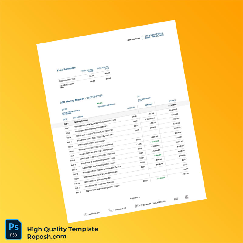 USA Capital One Bank Statement Template in Word and PDF formats 5 page USA Capital One Bank Statement Template in Word and PDF formats 5 page