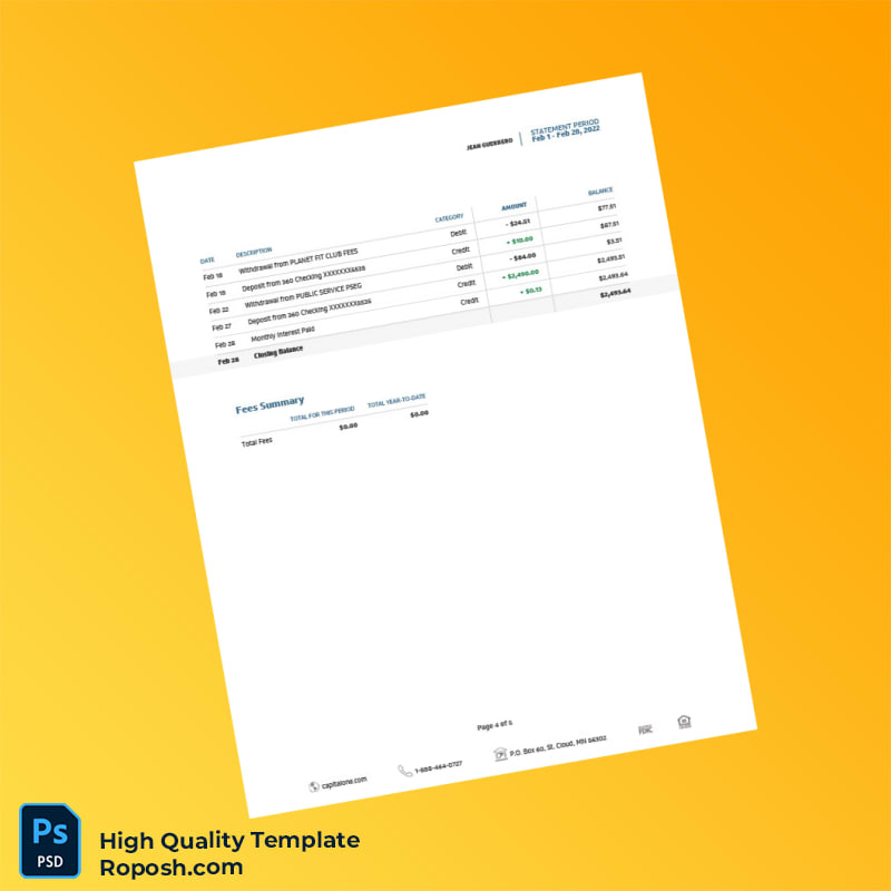 USA Capital One Bank Statement Template in Word and PDF formats 5 page USA Capital One Bank Statement Template in Word and PDF formats 5 page