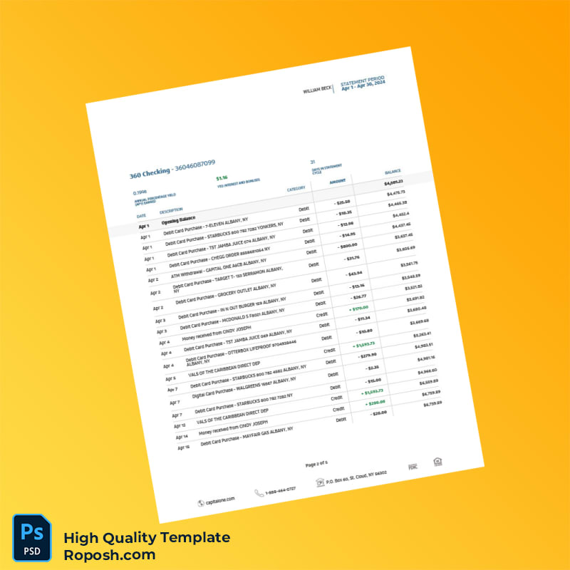 USA Capital One Bank eStatement Template in Word and PDF formats 5 page USA Capital One Bank eStatement Template in Word and PDF formats 5 page
