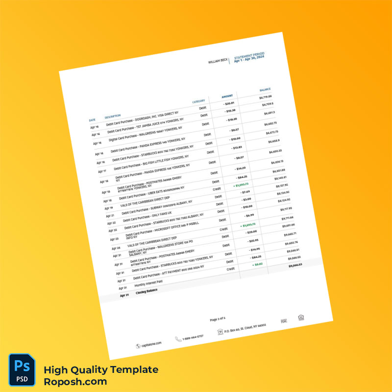 USA Capital One Bank eStatement Template in Word and PDF formats 5 page USA Capital One Bank eStatement Template in Word and PDF formats 5 page