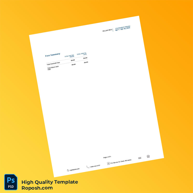 USA Capital One Bank eStatement Template in Word and PDF formats 5 page USA Capital One Bank eStatement Template in Word and PDF formats 5 page