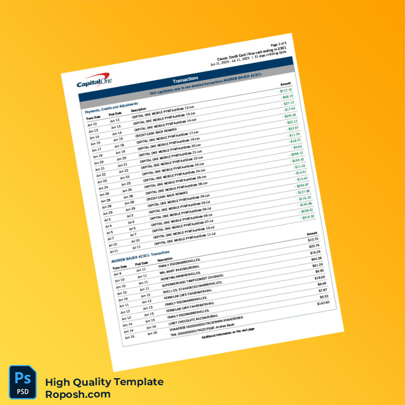 USA Capital One Billing Bank Statement Template in Word and PDF formats 6 page USA Capital One Billing Bank Statement Template in Word and PDF formats 6 page