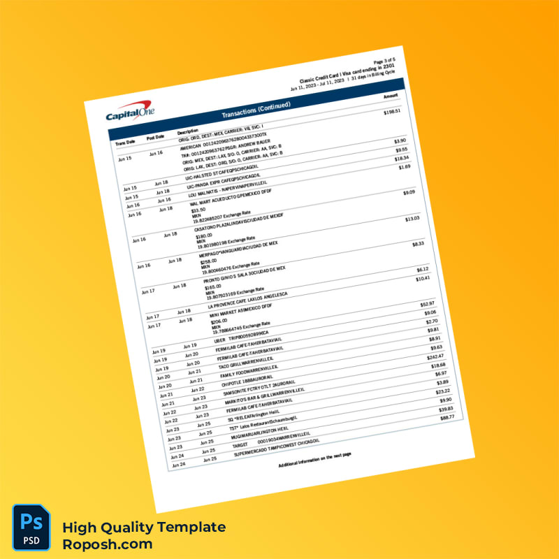 USA Capital One Billing Bank Statement Template in Word and PDF formats 6 page USA Capital One Billing Bank Statement Template in Word and PDF formats 6 page