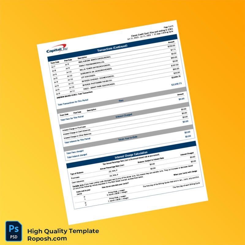 USA Capital One Billing Bank Statement Template in Word and PDF formats 6 page USA Capital One Billing Bank Statement Template in Word and PDF formats 6 page