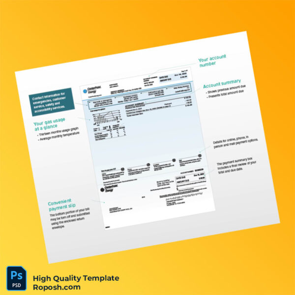 USA CenterPoint Energy Editable Gas Bill Template in Word and PDF formats 3 page