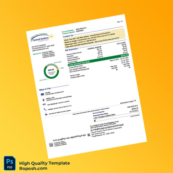 USA Central Hudson Editable Utility Bill Template in Word and PDF formats 3 page