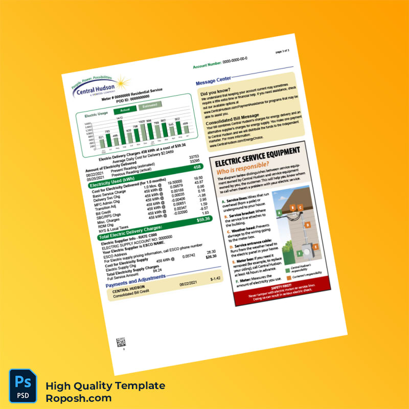 USA Central Hudson Editable Utility Bill Template in Word and PDF formats 3 page USA Central Hudson Editable Utility Bill Template in Word and PDF formats 3 page