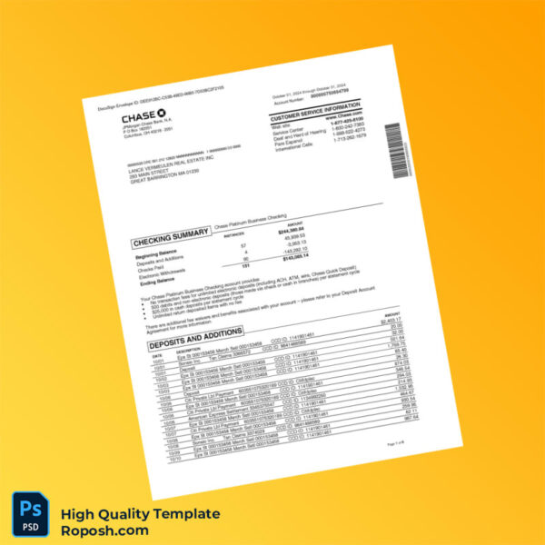 USA Chase Business Bank Statement Template in Word and PDF formats 6 page