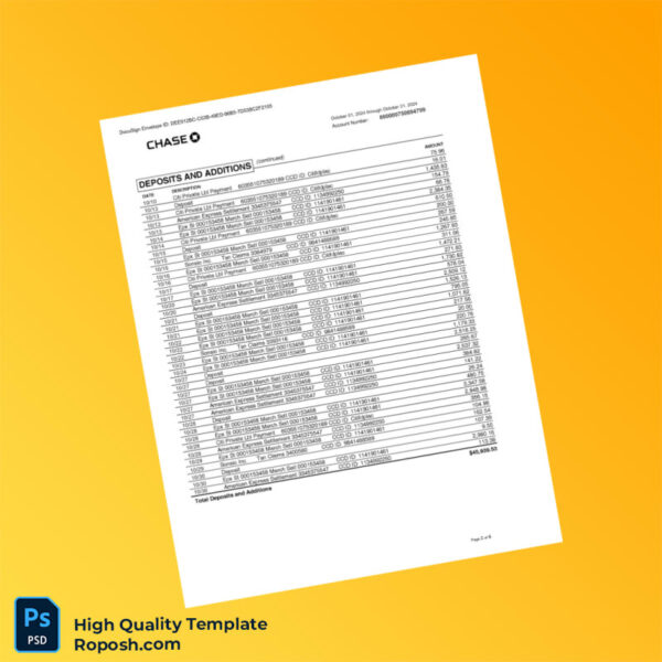 USA Chase Business Bank Statement Template in Word and PDF formats 6 page