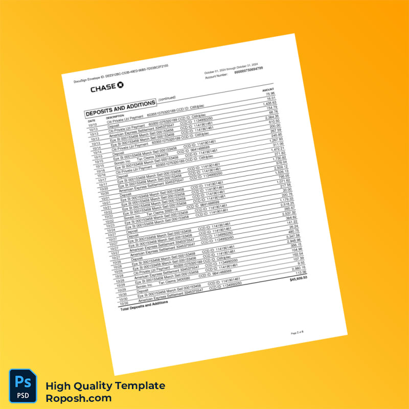 USA Chase Business Bank Statement Template in Word and PDF formats 6 page USA Chase Business Bank Statement Template in Word and PDF formats 6 page