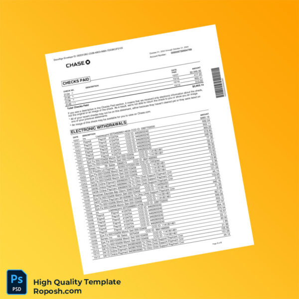 USA Chase Business Bank Statement Template in Word and PDF formats 6 page