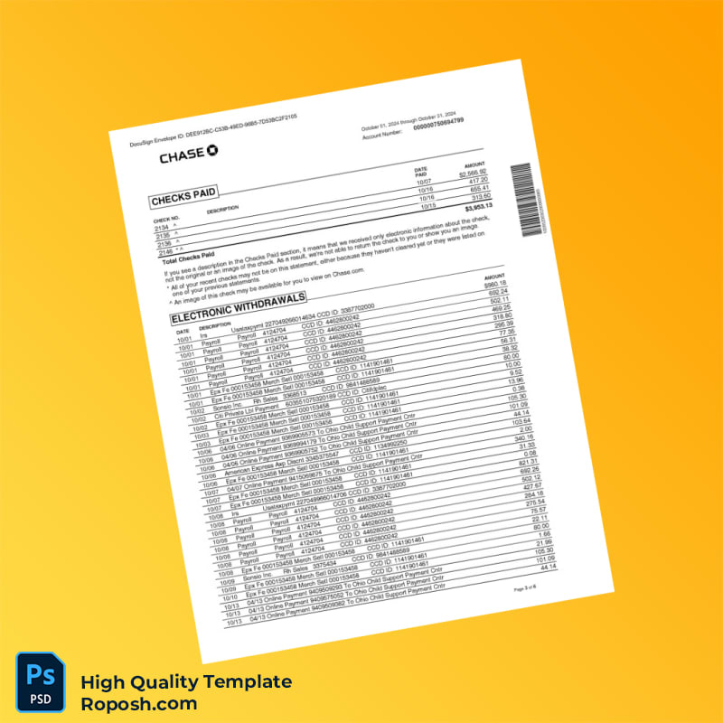 USA Chase Business Bank Statement Template in Word and PDF formats 6 page USA Chase Business Bank Statement Template in Word and PDF formats 6 page