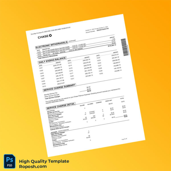 USA Chase Business Bank Statement Template in Word and PDF formats 6 page