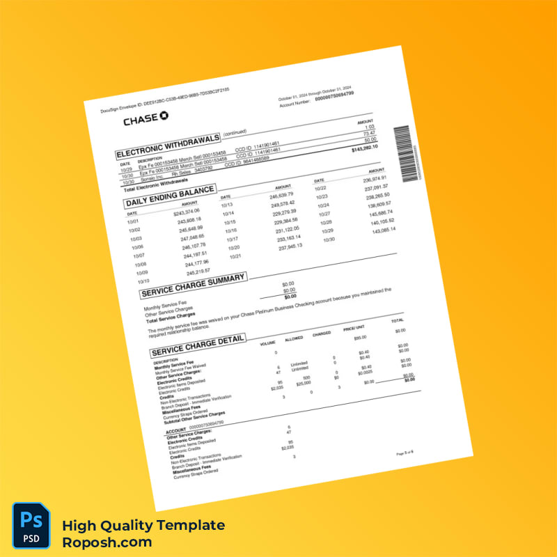 USA Chase Business Bank Statement Template in Word and PDF formats 6 page USA Chase Business Bank Statement Template in Word and PDF formats 6 page