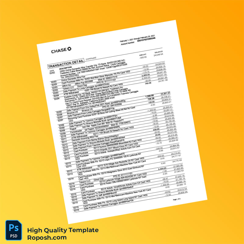 USA Chase College Checking Statement Template in Word and PDF formats 4 page USA Chase College Checking Statement Template in Word and PDF formats 4 page