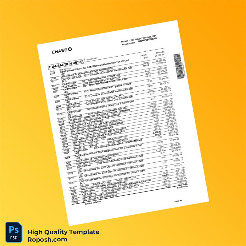 USA Chase College Checking Statement Template in Word and PDF formats 4 page USA Chase College Checking Statement Template in Word and PDF formats 4 page