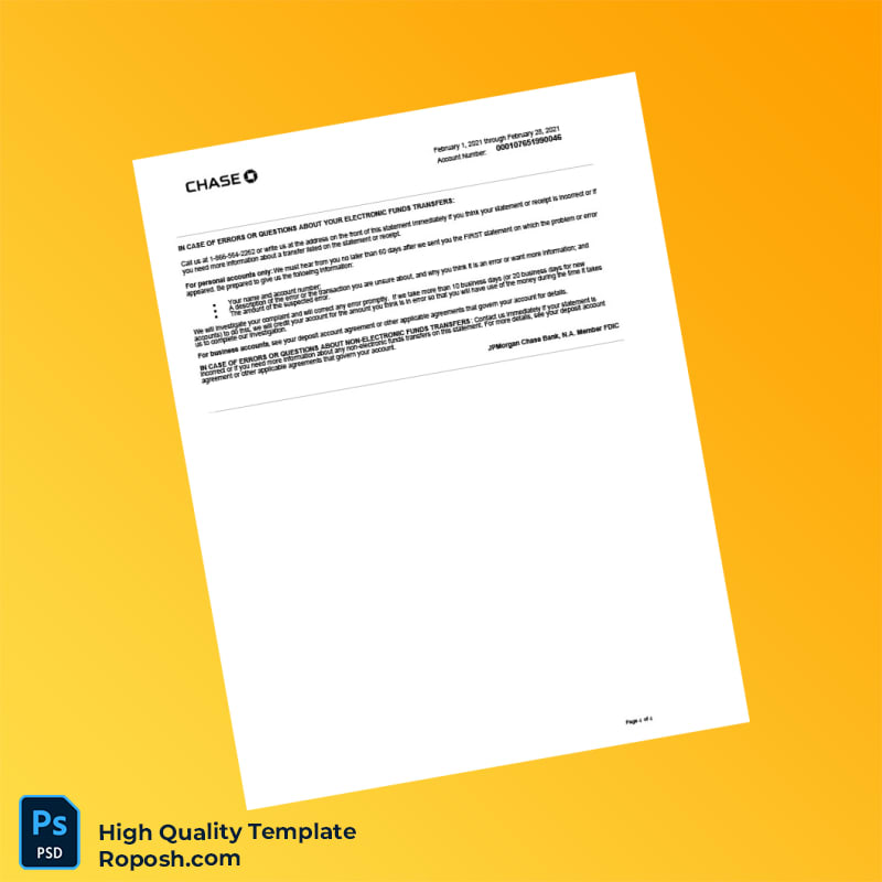 USA Chase College Checking Statement Template in Word and PDF formats 4 page USA Chase College Checking Statement Template in Word and PDF formats 4 page