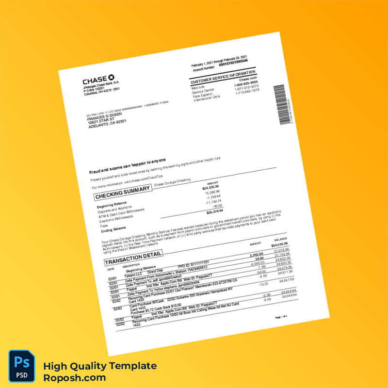 USA Chase College Checking Statement Template in Word and PDF formats 4 page USA Chase College Checking Statement Template in Word and PDF formats 4 page