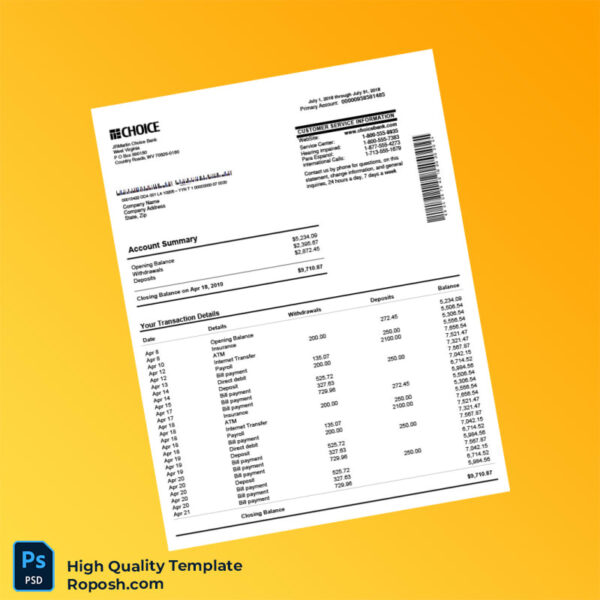 USA Choice Bank Statement Template in Word and PDF formats