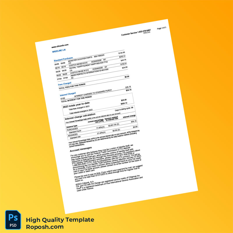 USA Citi Credit Card Statement Template in Word and PDF formats 4 page USA Citi Credit Card Statement Template in Word and PDF formats 4 page