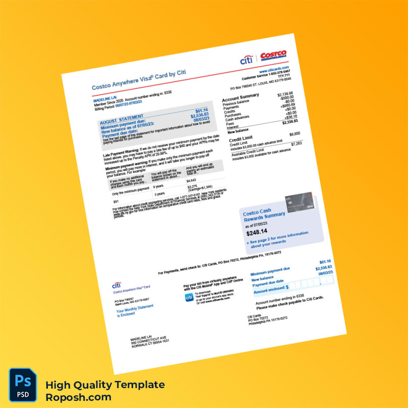 USA Citi Credit Card Statement Template in Word and PDF formats 4 page USA Citi Credit Card Statement Template in Word and PDF formats 4 page